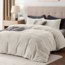 Bedsure Fluffy Duvet Cover Set - Ultra Soft Plush Shaggy Comforter Cover Queen Size, Warm Flannel Fleece Bed Sets for Winter, 3 Pieces (Striped Pattern, Linen)