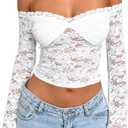 LOFAAC Women Off Shoulder Floral Lace Going Out Crop Tops Sexy Slim Long Sleeve See Through Backless Crop Blouse Shirts (Large, White)