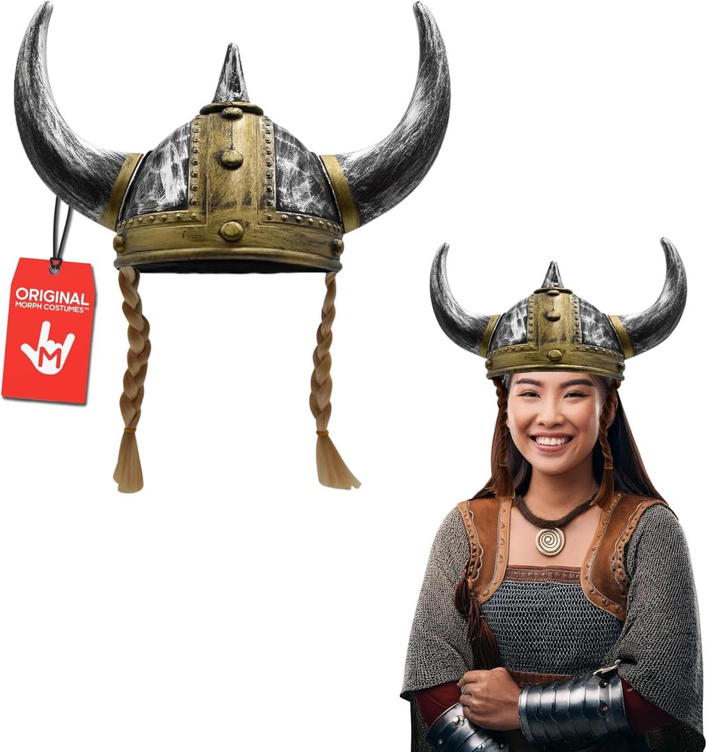 Nicky Bigs Novelties Morph Viking Helmet with Horns and Hair Braids for Adult Plastic Norse Barbarian Warrior Hat Silver Gold Medieval Vikings Costume Accessory Halloween Hats 3 Style Configurations