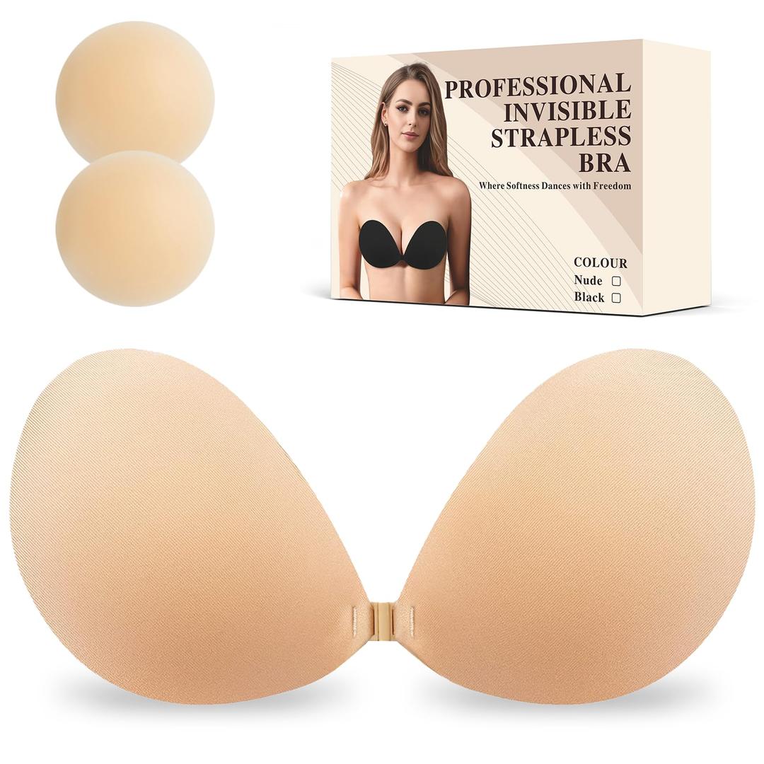 CITVEML Sticky Adhesive Bra for Women, Strapless Invisible Push Up Brassiere, Reusable Backless Bra for Dress Nude