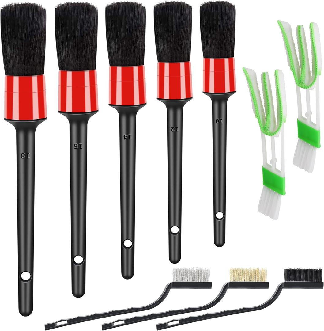 10pcs Auto Car Detailing Brush Set Car Interior Cleaning Kit Includes 5 Boar Hair Detail Brush,3 Wire Brush, 2 Air Vent Brush for Cleaning Car Interior Exterior, Dashboard Engines Leather Wheel (Red)