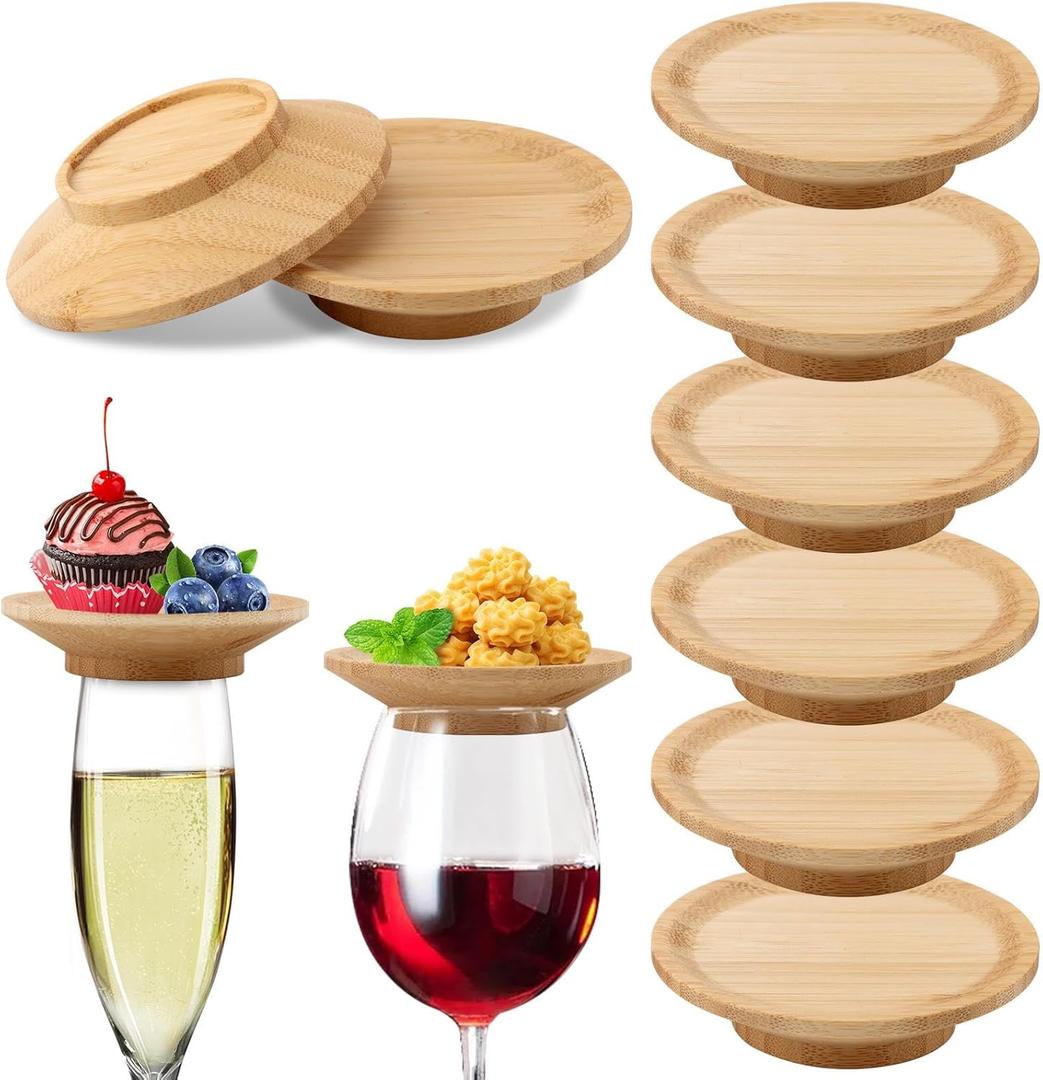 8 Pcs Glass Charcuterie Topper, Bamboo Round Mini Charcuterie Boards, Dual Use Cups Topper Appetizer Plates for Christmas Party Family Gatherings Bars Restaurants