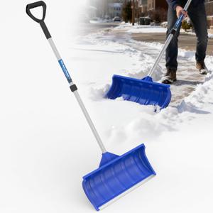 Snow Pusher Shovel for Driveway Car Garage, 24 Inch Snow Removal Plow with D-Grip Handle Aluminum Strip, Ergonomic Heavy Duty Wide Snow Shovel for Home Outdoor, Blue