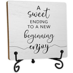 A Sweet Ending to A New Beginning Sign 5x5 Inch,Wedding Wood Plaque With Stand,Baby Shower Retirement Graduation Party Decorations,Wedding Decor