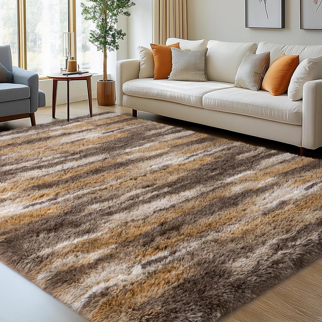 8x10 Shag Rugs for Living Room, Soft Fluffy Abstract Brown Fuzzy Large Area Rugs for Bedroom Boys Girls Kids Room Nursery Dorm Home Decor, Non-Slip Plush Shaggy Indoor Carpet