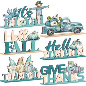 6 Pcs Thanksgiving Fall Wooden Sign Blue Teal Fall Decor Autumn Table Decoration Pumpkin Centerpieces Tabletop Decor for Harvest Farmhouse Home Party Decorations Supplies