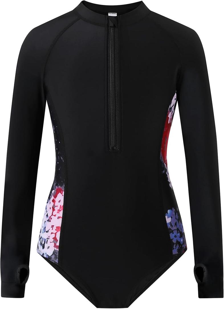 Girls Long Sleeve Rashguard Swimsuit UV Protection One-Piece Swimwear Bathing Suit (11-12 Years, Black)
