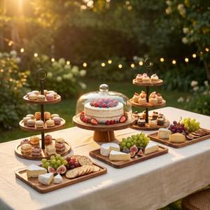 6 Pcs Wooden Dessert Table Display Set, Acacia Wood Cake Stand with Dome Lid,2 Pcs 3-Tier Dessert Display Stands and 3 Serving Trays Hosting Essential for Wedding Birthday Party Baby Shower Christmas