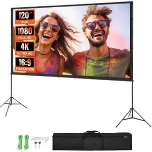 VEVOR Projector Screen with Stand, 120 inch 16:9 4K 1080 HD Outdoor Movie Screen with Stand, Wrinkle-Free Projection Screen with Tripods and Carry Bag, for Home Theater Cinema Backyard Movie Night