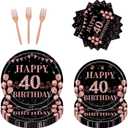72 Pcs 40th Birthday Party Supplies Paper Plates and Napkins, Black Rose Gold 40th Birthday Plates Napkins Tableware Set for Girls Cheers to 40 Years Decorations, Serve 24