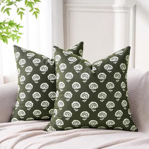 Green Throw Pillow Covers 20x20 Decorative Floral Throw Pillow Covers Accent Green Pillowcase 20x20 Set of 2, Vintage Floral Velvet Cushion Case Neutral Boho Farmhouse Pillowcase for Sofa Couch Bed