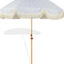 7.5ft Patio Umbrella with Fringe, Beach Umbrella, Fringe Umbrella Outdoor Patio with Hanging Hook, Tilting Aluminum Pole, UV 50+, Fiberglass Ribs, Blue White Stripe