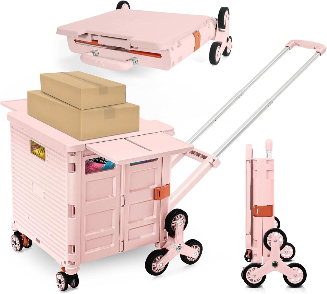 Foldable Utility Cart with Stair Climbing Wheels, Collapsible Rolling Crate with Magnetic Lid Telescopic Cover, Adjustable Telescoping Handle, 360° Rotate Wheel Hand Cart for Teacher Shopping Moving (Pink)