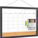 Dry Erase Calendar for Wall, 18x24 Inches Calendar Whiteboard for Wall, Magnetic Monthly White Board Corkboard with Wood Framed, Hanging Dry Erase Board for Kitchen Home Office School Planner (Black)