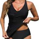 Yonique Tankini Swimsuits for Women Tummy Control Bathing Suits Two Piece Tankini Tops with Bikini Bottoms Twist Swimwear (Large, Black)