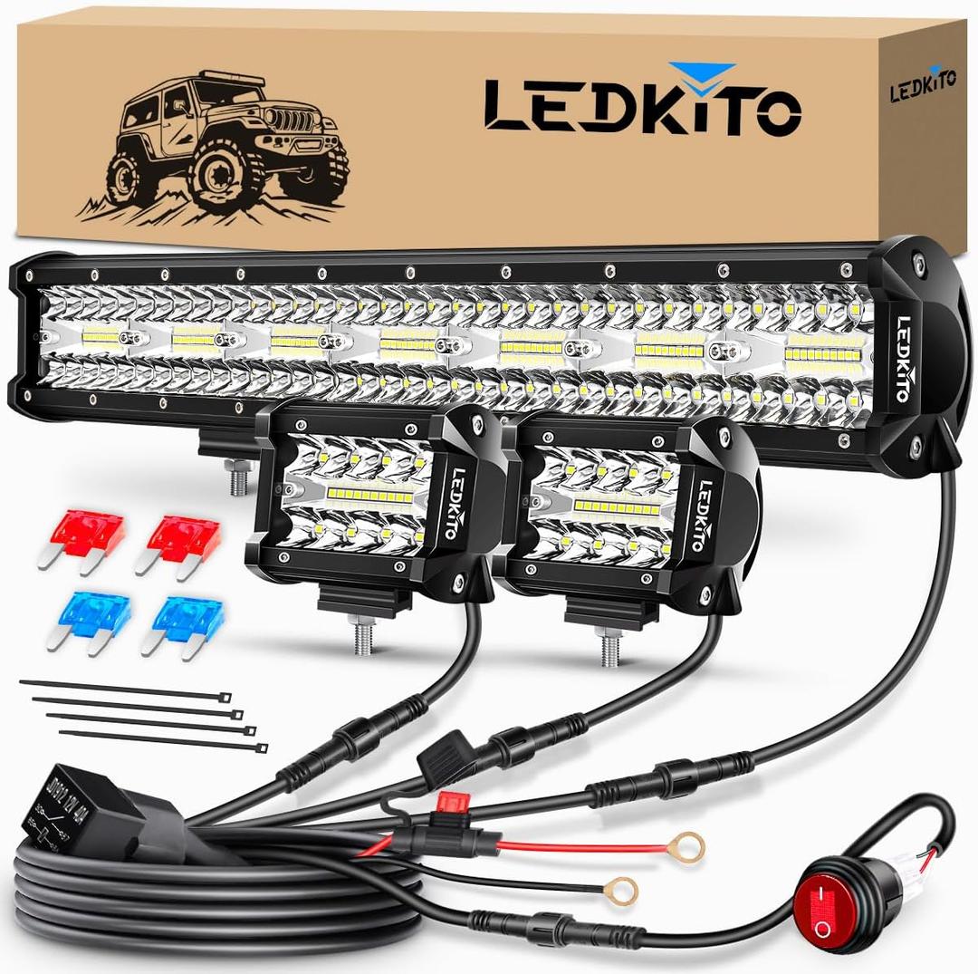 20In LED Light Bar and 2PCS 4In Led Cube Pod Lights Off Road Driving Lights Spot Flood Combo Beam Triple Row with 16AWG Wiring Harness Kit for Je-ep Truck Tractor SUV UTV ATV Pickup Boat