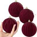 Blueweenly 12 Pcs 4 Inch Burgundy Large Velvet Christmas Ball Ornaments Vintage Christmas Plastic Ball Ornaments Flocked Tree Hanging Decoration for Xmas Party Wedding Home Decor