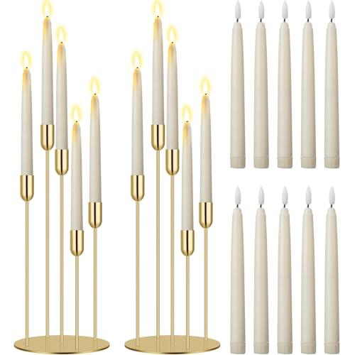 Baquler 2 Set 5 Arms Gold Candelabra Metal Candlestick Holders for Wedding with 10 Pcs Flameless LED Taper Candles for Christmas Ceremony Wedding Birthday Party Table Centerpiece Home Decoration