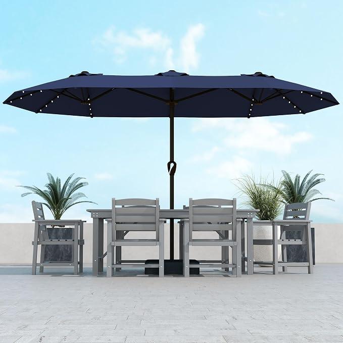 Kingdura 15ft Large Patio Umbrella with Solar Lights, Double-Sided Rectangle Lighted Outdoor Table Umbrella with Base Included, 12 Reinforced Ribs, 48 Led Lights, Crank Lift for Market Pool Deck Backyard, Beige