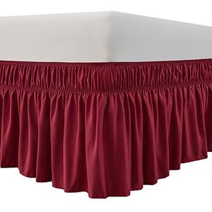 Around Bed Skirt Three Fabric Sides Elastic Dust Ruffled 14 Inch Tailored Drop,Easy to Install Fade Resistant-Burgundy, Queen/King