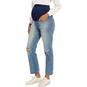 Peauty Maternity Jeans Frayed Hem Straight Leg Jeans Comfortable Stretch Over The Belly Support Pregnancy-Pants (6, Blue)