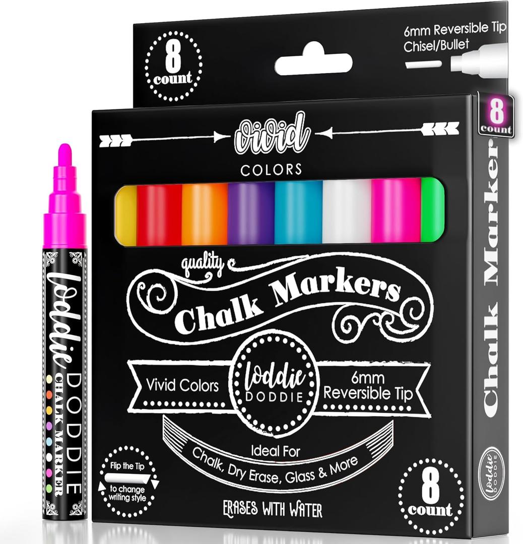 Loddie Doddie Liquid Chalk Markers - 8-Pack, 6mm Dual Tips - Chalk Markers for Blackboard & Chalkboard Paint - Washable Window Pens for Glass - Erasable Pens (Vivid Colors)