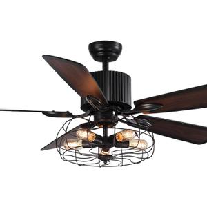 Industrial Caged Ceiling Fan Light with Remote Control 52 Inch Vintage Ceiling Fan Light Farmhouse Black Retro Indoor Fandelier with 5 Reversible Wood Blades for Living Room Bedroom