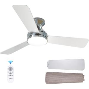 Amico Ceiling Fans with Lights, 42 inch Low Profile Ceiling Fan with Light and Remote Control, Flush Mount, Reversible, 3CCT, Dimmable, Noiseless, Nickel Ceiling Fan for Bedroom, Indoor/Outdoor Use