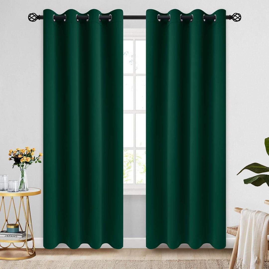 COSVIYA Grommet Blackout Room Darkening Curtains 84 inch Length 2 Panels,Thick Polyester Light Blocking Insulated Thermal Window Curtain Dark Green Drapes for Bedroom/Living Room,52x84 inches