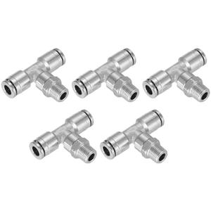 uxcell Tee Push to Connect Tube Fittings 1/4" Tube OD x 1/8" NPT Male Thread Nickle-Plated Brass Union Adapter Fitting, Silver 5Pcs