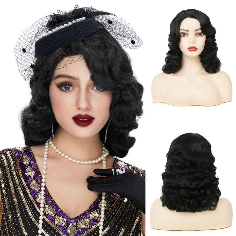 Black Curly Finger Wave Wigs for Women Long 1920s Wig Vintage Wigs Lady Synthetic Cosplay Costume Wig