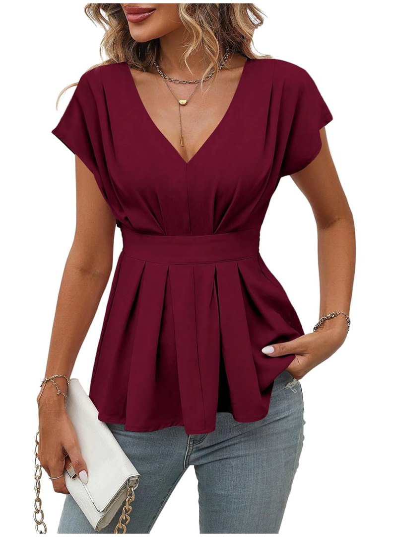SweatyRocks Women's Summer V Neck Fold Pleated Ruffle Hem Blouse Peplum Top, Size XL