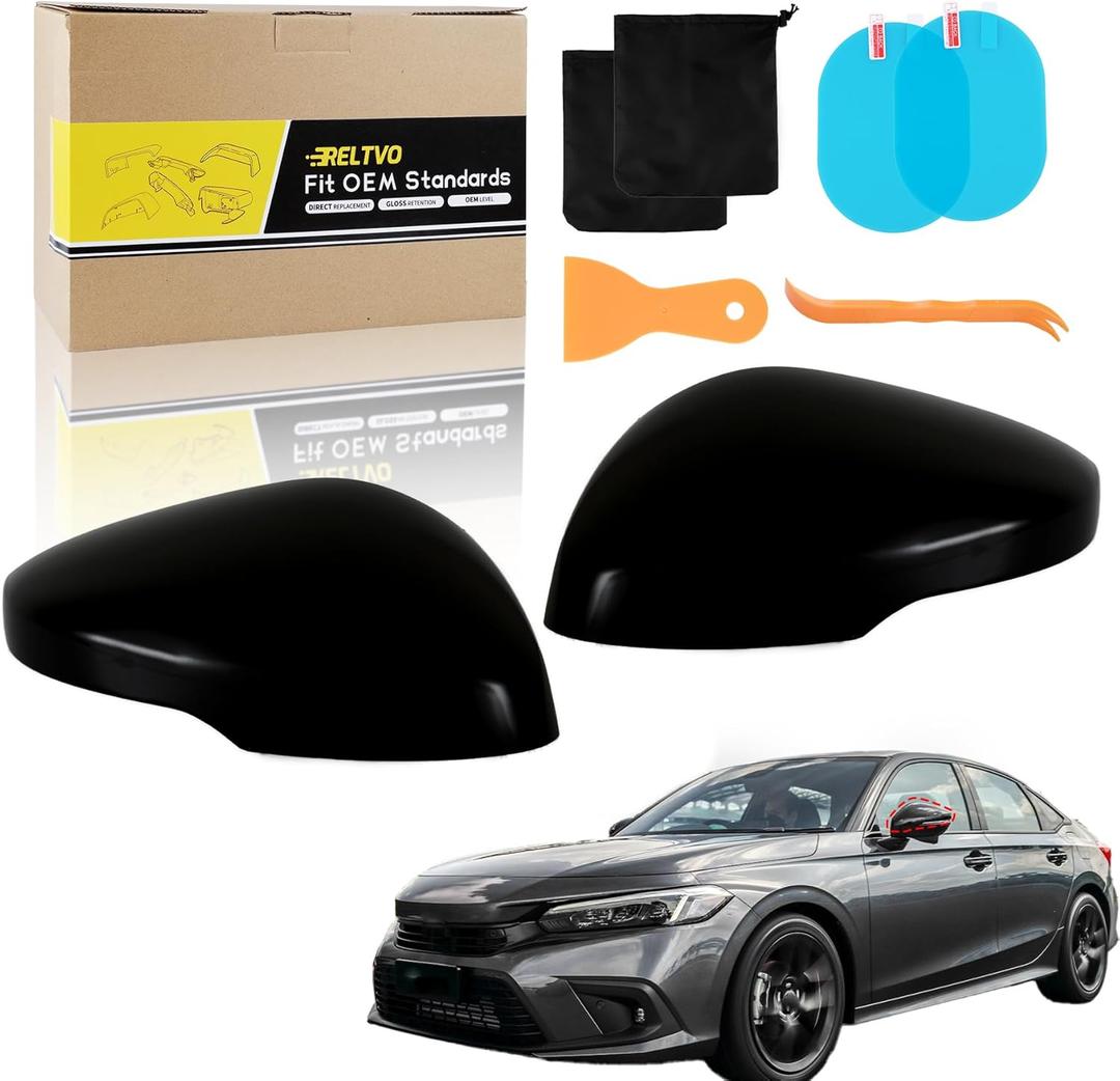 Mirror Cover Set with LED Turn Signal for Honda Civic 11th Gen 2022 2023 2024 2025,Glossy Black,Left Side Rearview Mirror Cap Trim (Glossy Black,With Light, Left&Right)