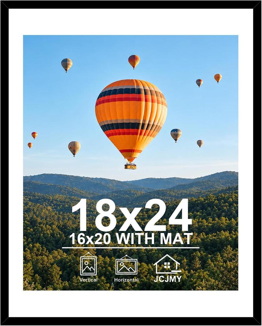 JCJMY 18x24 Picture Frame with 16x20 Mat, Display Photo 16x20 with Mat or 18 x 24 Without Mat, Wall Hanging Large 18 by 24 Poster Frame with Plexiglass, Black