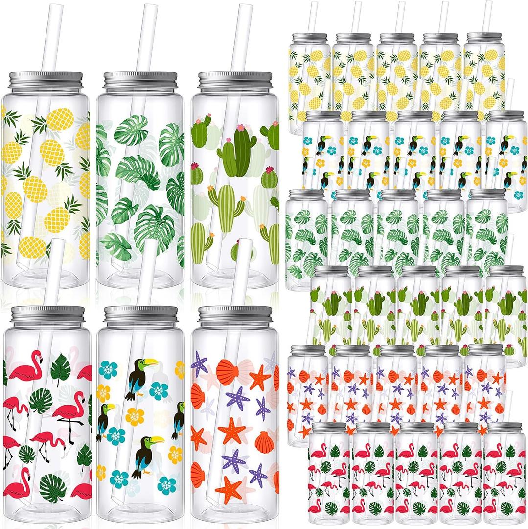 Skylety 30 Pcs Hawaiian Luau Cups 13. 5 oz Summer Tropical Plastic Cups with Lids and Straws Reusable Cute Plastic Tumbler for Hawaii Beach Sea Summer Birthday Party Drinkware Supplies