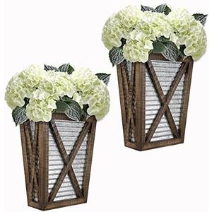 Autumn Alley Large Rustic Farmhouse Wall Planter Set of 2, Farmhouse Decor Wall Hangings for Hanging Planter Indoor, Galvanized Wall Planter, Corrugated Metal, Wooden, Brown - Flowers Not Included