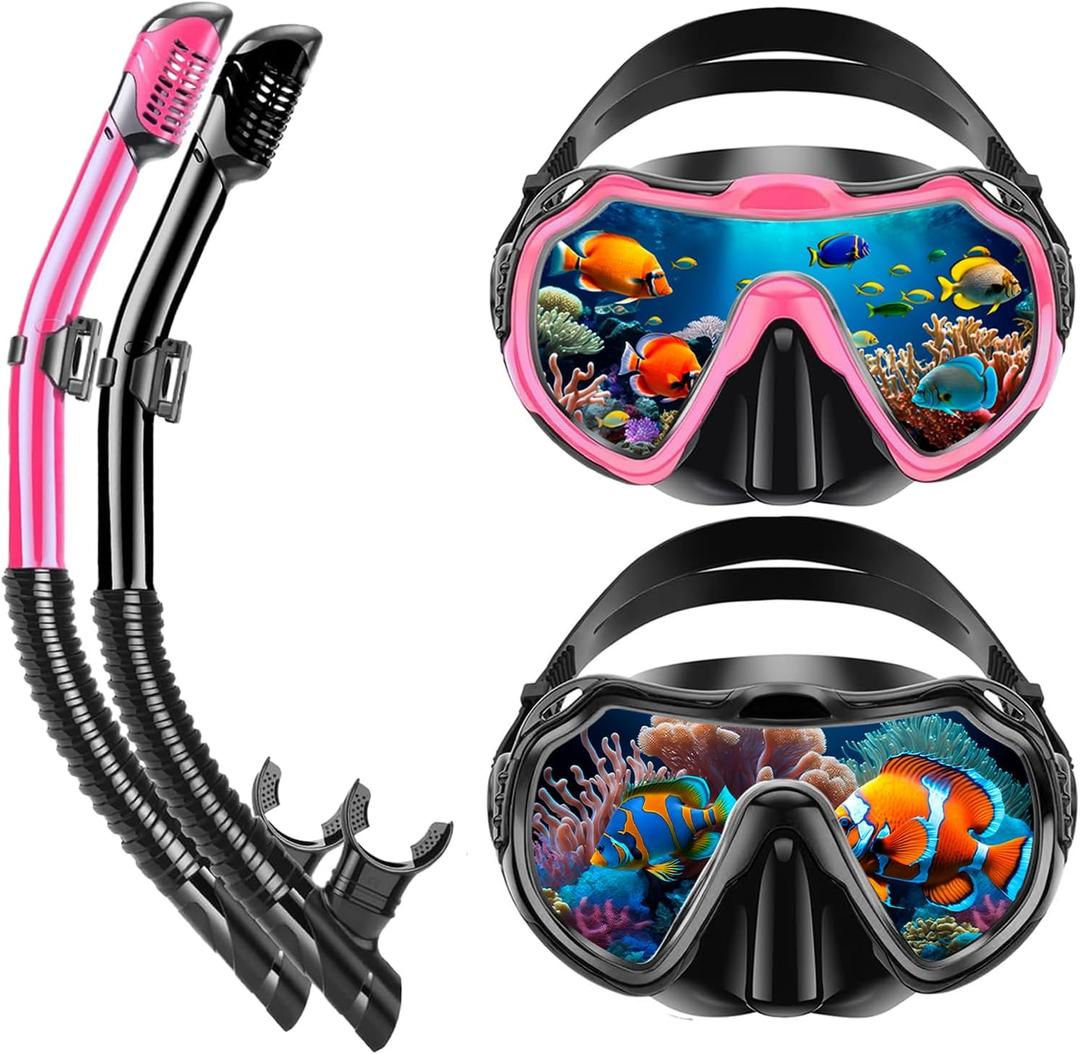 Snorkeling Gear for Adults, Adult Snorkel Set with Panoramic Anti-Leak and Anti-Fog Tempered Glass Snorkel Mask, Dry Top Snorkel, Snorkle Mask Set Adult with Mesh Bag Ear Plug for Snorkeling