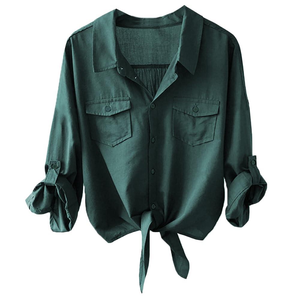 Womens Office Business Shirt Tie Front 3/4 Sleeve V Neck Button Down Shirts Loose Blouse Summer Casual Tops Darkcyan (Green, M)