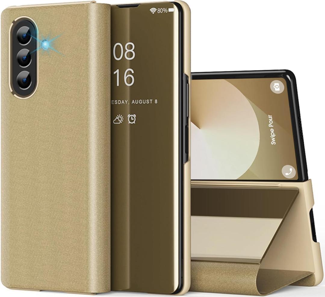 Galaxy Z Fold 7 Cover Cases Compatible with Samsung Z Fold 7 Flip Cell Phone Case Clear View Mirror Flip Cover PU Leather with Kickstand Protective Cover for Samsung Galaxy Z Fold 7 (Gold)