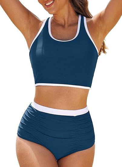 Aleumdr High Waisted Bikini Sets for Women Athletic Two Piece Color Block Tummy Control Bathing Suits (X-Small, A6 Brown)
