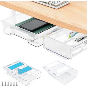 2 Pack Under Desk Drawer Organizer, Self Adhesive Hidden Drawer Storage, Slide Out Desk Organizer, Space Saving Pencil & Accessories Organizer, Under Table Storage for Home Office & School, Clear (Transparent)