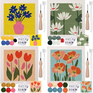 Daifunli 4 Sets Punch Needle Kit with Frame for Beginners 10 x 10 Inch Embroidery Starter Kits Punch Needle Kit with Pattern, Threader, Yarns, Tools for Adults Craft DIY Christmas Birthday