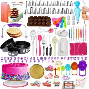 RFAQK 700PCs Cake Decorating Kit with Baking Supplies - Cake Turntable for Decorating with Baking Pans, Leveler, 24 Numbered Piping Tips, 2 Spatulas, Fondant Tools, Video Course, Pattern Chart & More