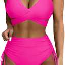 SUUKSESS Womens High Waisted Bikini Sets Tummy Control Drawstring Tie Knot Swimsuit (Medium, Pink)