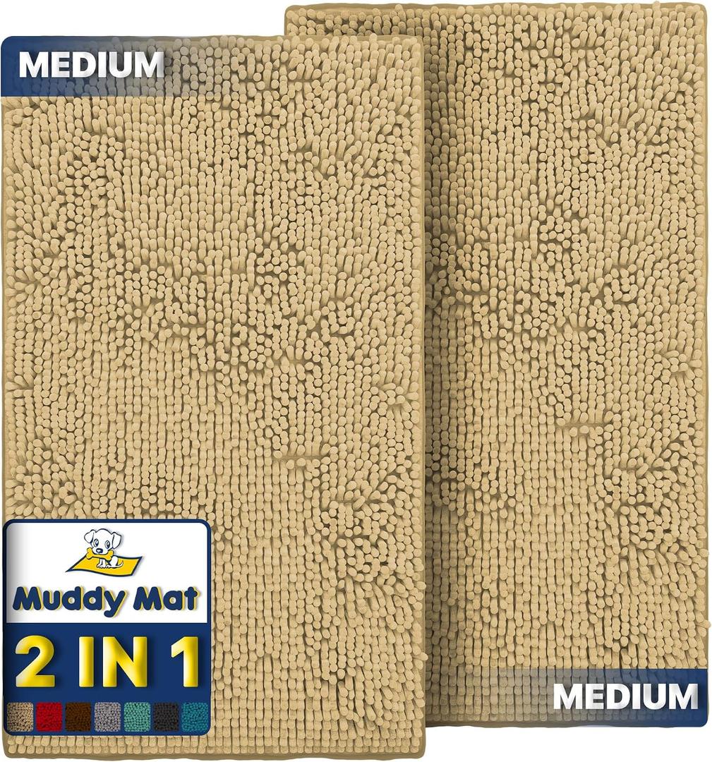 Muddy Mat 2-Piece Beige Medium 30"X19" AS-SEEN-ON-TV Highly Absorbent Microfiber Door Mat, Bath Mat and Pet Rug, Non slip Thick Washable, Soft Chenille for Kitchen Bathroom Bedroom Indoor and Outdoor