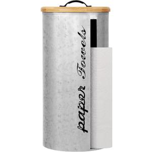 Farmhouse Paper Towel Holder Covered Metal Rustic Countertop Paper Towel Dispenser with Wooden Lid Fully Covered Holder for Home Country Bathroom Kitchen 6.3 x 6.3 x 13.4'', Silver