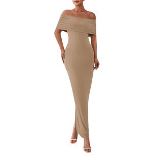 PRETTYGARDEN Women's Off The Shoulder Maxi Dresses 2025 Summer Formal Elegant Cocktail Party Wedding Guest Long Dress (Beige, XXL)