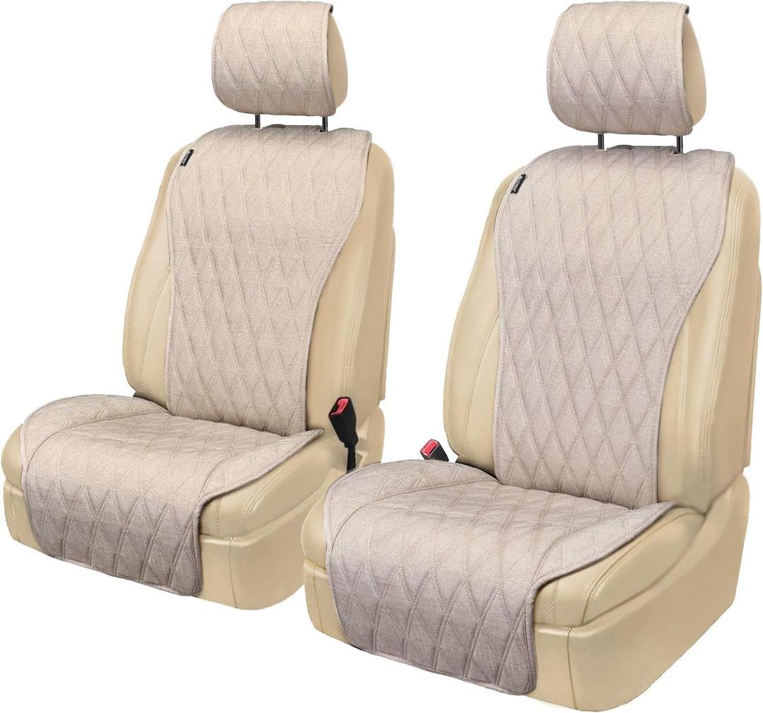 2pcs Sideless Car Seat Covers for All Seasons - Breathable Front Seats Cushions Non-Slip Bottom with Headrest Protectors - Universal Carseat Cover Fits for Most Vehicles Cars Van SUV Truck Beige