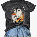 Women's Halloween Pumpkin Ghost Shirt Cute Spooky Season Graphic Tee Casual Short Sleeve Top (L, Black)