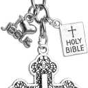 Framendino, 20 Pack Antique Silver Cross Keychain Metal Keychains Book Holy Bible Pendants Key Ring for Women Men Bag Deco Party Favours